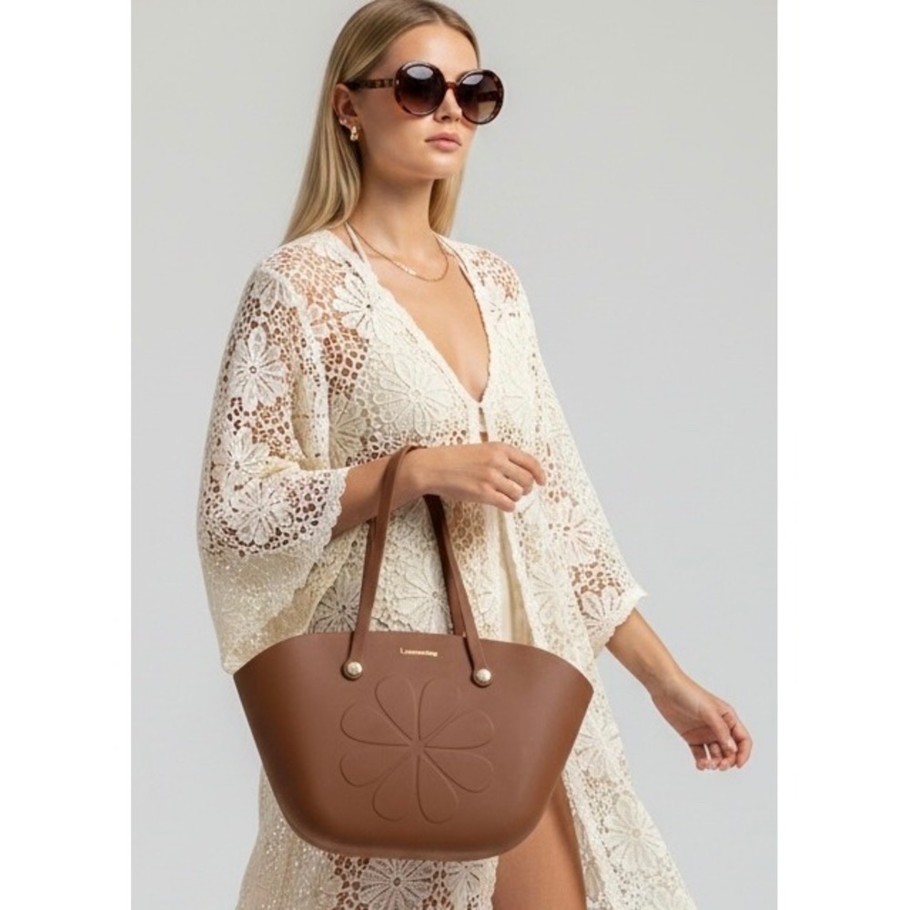 NEW Lemon King Brown Rubber Floral Tote Bag Beach Waterproof Shoulder Bag OS